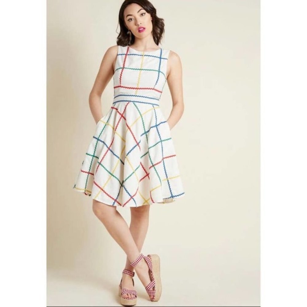Modcloth Perky Personality Ric Rac Plaid Fit & Flare Mini Dress M